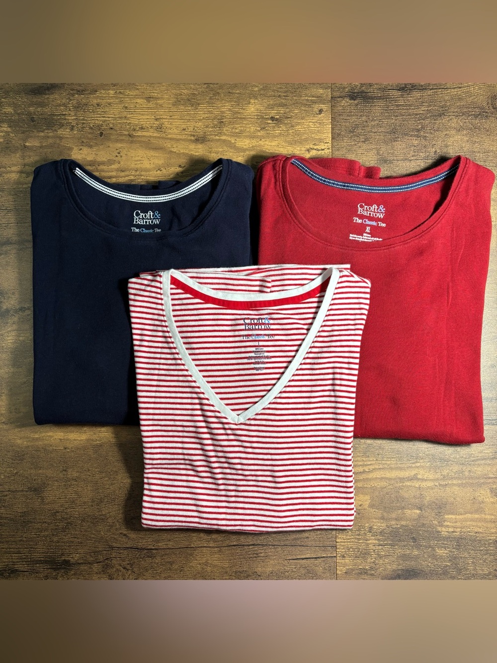 SET OF 3 croft & barrow 100% Cotton Navy, Red & Red/White Striped T-Shirts Sz L